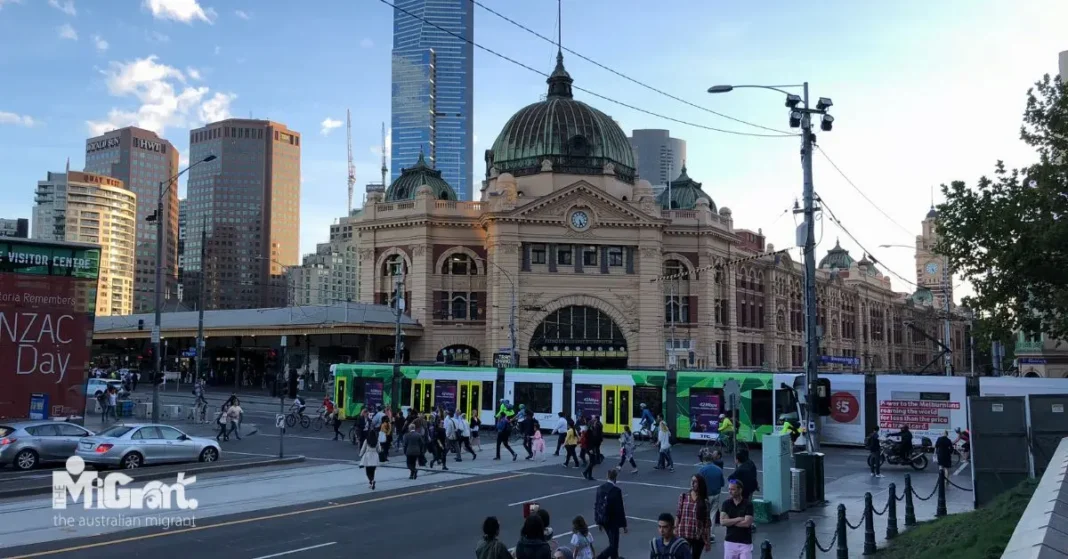 Melbourne's iconic Flinders Street Station with Metro tram on the foreground
