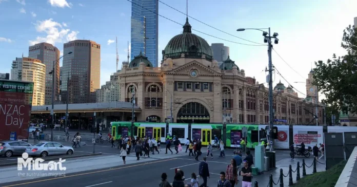 Melbourne Flinders Train Station Melbourne's iconic Flinders Street Station with Metro tram on the foreground