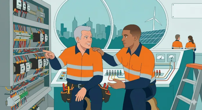 apprentice electrician Industry-led mentorship powering Victoria's clean energy transition. (Graphic representation for illustrative purposes only)